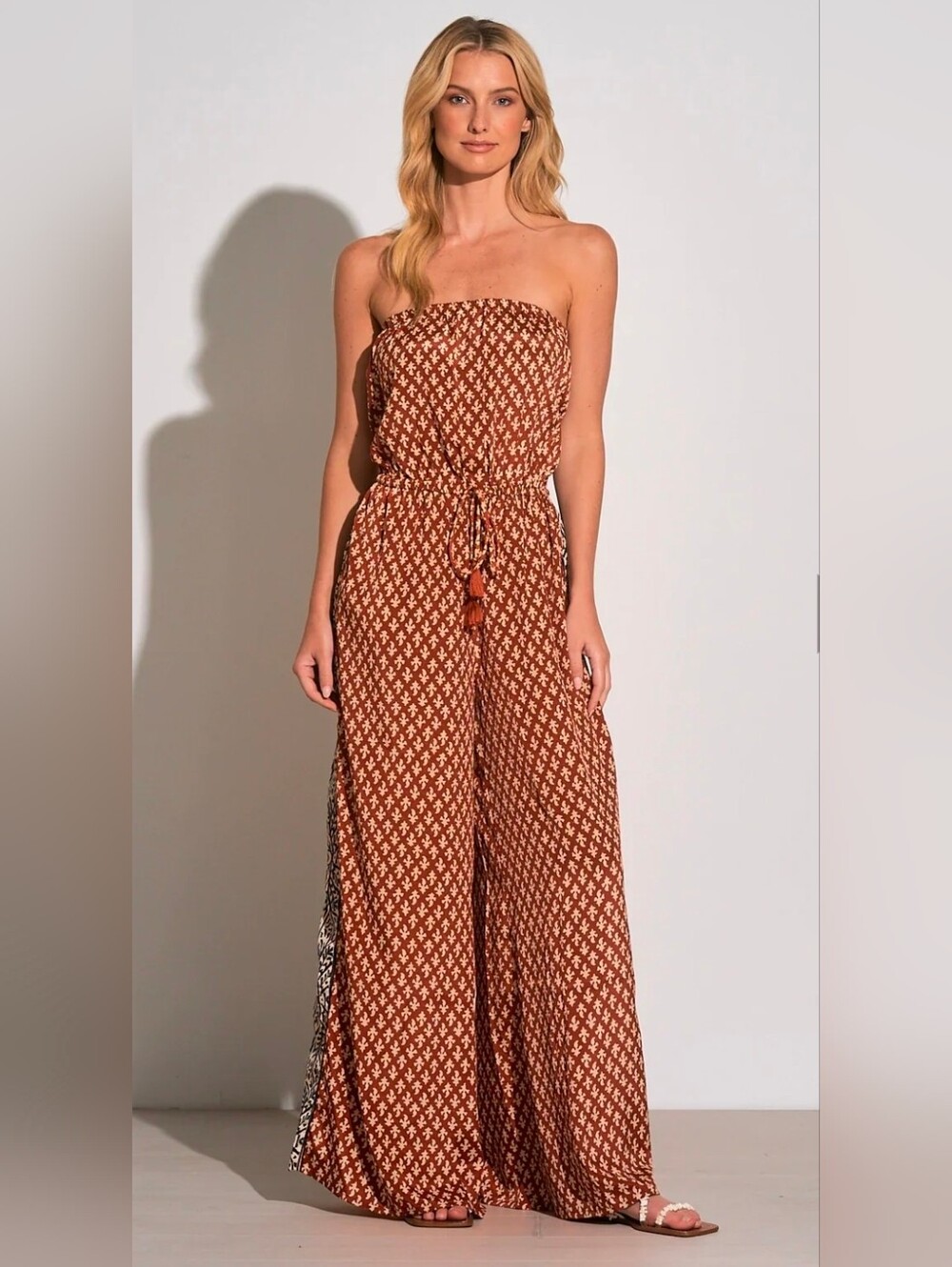 Elan Rust Printed Strapless Wide-Leg Jumpsuit